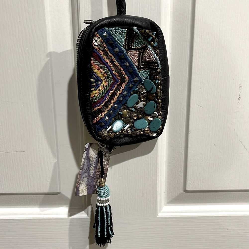 Ecote Beaded & Embroidered Faux Black Leather Crossbody Bag - NWT